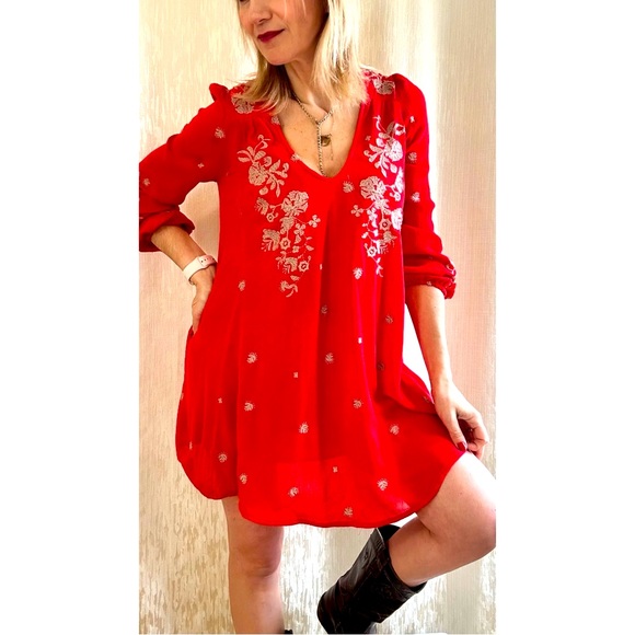 Free People Dresses & Skirts - Free People Sweet Tennessee red  Embroidered boho Mini Dress